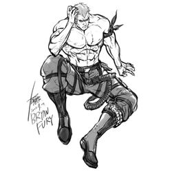  1boy abs bara bryan_fury from_above frown greyscale large_pectorals looking_ahead male_focus mature_male monochrome muscular muscular_male navel nipples pectorals scratching_head short_hair sideburns sitting solo tekken topless_male white_hair yi_lee 