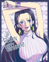  arms_up black_border black_hair blue_eyes border bracelet breasts chaa_(aoichar522_) character_name commentary dated earrings eyelashes female fingernails gold_earrings hair_slicked_back happy_birthday highres jewelry large_breasts lipstick long_hair looking_at_viewer loose_hair_strand makeup nail_polish nico_robin one_piece open_mouth outside_border pink_lips pink_sweater purple_bracelet purple_nails ribbed_sweater signature sleeveless sleeveless_sweater solo sweater teeth turtleneck turtleneck_sweater upper_body upper_teeth_only 