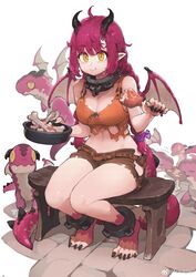  absurdres ahoge animal_feet barefoot black_claws black_horns black_nails bone bowl breasts brown_shorts chicken_(food) claws commentary_request crop_top dragon dragon_girl dragon_horns dragon_tail dragon_wings female fingernails food highres holding holding_bowl holding_food horns jun_(navigavi) large_breasts long_hair looking_at_viewer midriff mini_dragon monster_girl navel orange_tank_top original pointy_ears purple_hair sharp_fingernails short_shorts shorts sitting slit_pupils smile solo stomach tail tank_top thighs very_long_hair white_background wings yellow_eyes 