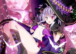  :d animal bat_(animal) bikini bikini_under_clothes black_bow black_cape black_footwear black_gloves black_hat bow breasts cape capelet character_request chouhakai!!_barbarossa female frilled_bikini frills full_moon givuchoko gloves grey_eyes grey_hair grey_wings hair_between_eyes hairbow hands_on_headwear hands_up hat heterochromia horns knees_together_feet_apart knees_up medium_breasts moon purple_bikini purple_capelet purple_wings red_eyes smile solo striped swimsuit tower twintails vertical_stripes wings witch_hat 