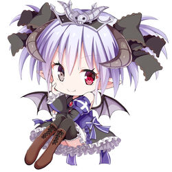  absurdres black_bow black_skirt black_sleeves black_thighhighs boots bow brown_footwear character_request chibi chouhakai!!_barbarossa cross-laced_footwear detached_sleeves female frilled_skirt frilled_sleeves frills full_body givuchoko grey_eyes grey_hair grey_wings hairbow heterochromia highres horns knees_up lace-up_boots layered_sleeves long_sleeves pointy_ears puffy_short_sleeves puffy_sleeves purple_bow red_eyes short_over_long_sleeves short_sleeves simple_background sitting skirt solo thighhighs thighhighs_under_boots twintails white_background wide_sleeves wings 