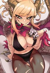  absurdres arm_support black_panties blonde_hair boku_no_hero_academia breasts brown_pantyhose claws closed_mouth dragon_girl dragon_horns dragon_tail dragon_wings fangs fangs_out female hand_up highres horns large_breasts long_hair long_tongue malzeno_(monster_hunter) monster_hunter_(series) monster_hunter_rise panties pantyhose scales shiny_skin simple_background sitting smile solo tail toga_himiko tongue tongue_out torn_clothes torn_pantyhose underwear unusualpie white_background wings yellow_eyes 