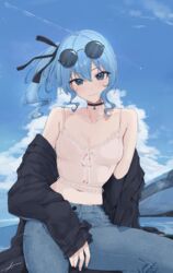  absurdres bare_shoulders black_choker black_jacket black_ribbon blue_eyes blue_hair blue_sky breasts choker cloud collarbone contrail crop_top denim eyewear_on_head feint721 female hair_ribbon highres hololive hoshimachi_suisei jacket jacket_partially_removed jeans light_smile looking_at_viewer midriff navel outdoors pants ribbon side_ponytail sidelocks signature sitting sky small_breasts solo stomach sunglasses virtual_youtuber wavy_hair 