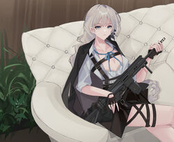  absurdres apc556_(girls&#039;_frontline) assault_rifle b&amp;t_apc556 black_jacket braid breasts chest_harness cleavage collared_shirt commentary commission couch crossed_legs expressionless female fingerless_gloves french_braid girls&#039;_frontline gloves green_eyes grey_hair gun harness highres jacket jacket_on_shoulders long_hair neck_ribbon pixiv_commission ribbon rifle shirt sitting skirt solo teizen_(niwamaee) thigh_strap very_long_hair weapon white_shirt 