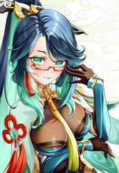  absurdres aqua_capelet aqua_eyes aqua_hair aqua_lips black_gloves blue_hair breasts cloud cloud_print cloud_retainer_(genshin_impact) colored_inner_hair commentary female genshin_impact glasses gloves hamonji highres large_breasts long_sleeves looking_at_viewer multicolored_hair red-framed_eyewear solo upper_body xianyun_(genshin_impact) 