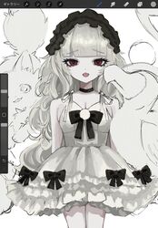  art_program_in_frame bare_shoulders black_bow black_choker black_hairband black_ribbon blunt_bangs bow breasts choker cleavage cowboy_shot dodo_(bird) dress dress_bow feline female frilled_dress frilled_hairband frills hairband highres lolita_fashion lolita_hairband long_hair looking_at_viewer oerba_yun_fang open_mouth original pom_pom_(clothes) procreate_(medium) red_eyes ribbon shiona_(siona0625) sleeveless sleeveless_dress solo spaghetti_strap standing straight-on unfinished very_long_hair white_background white_hair 