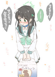  airi_(blue_archive) aroused black_hair blue_archive blue_collar blush bow bowtie collar collarbone commentary_request cowboy_shot embarrassed female food-themed_hair_ornament frilled_skirt frills green_bow green_bowtie green_eyes green_sailor_collar hair_ornament halo heavy_breathing ice_cream_hair_ornament leaning_forward long_hair long_sleeves looking_to_the_side pee_pad pet_play pleated_skirt sailor_collar school_uniform serafuku simple_background skirt solo standing sweat translated tsukinomiya_g white_background white_skirt wide-eyed 