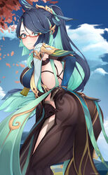  absurdres aqua_eyes ass ass_focus backless_outfit black_hair breasts cloud_retainer_(genshin_impact) colored_inner_hair earrings female from_behind genshin_impact glasses gloves green_hair hair_ornament highres jewelry long_hair long_sleeves looking_at_viewer looking_back multicolored_hair red-framed_eyewear semi-rimless_eyewear shironagase solo tassel tassel_earrings two-tone_hair very_long_hair xianyun_(genshin_impact) 