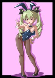  absurdres anchovy_(girls_und_panzer) animal_ear_hairband animal_ears black_border black_footwear black_pantyhose black_ribbon blue_bow blue_bowtie blue_leotard border bow bowtie breasts commentary_request commission detached_collar drill_hair drops_mint fake_animal_ears female fishnet_pantyhose fishnets full_body girls_und_panzer green_hair hair_ribbon hairband hand_on_own_hip high_heels highres leaning_forward leotard long_hair looking_at_viewer medium_breasts oerba_yun_fang open_mouth pantyhose partial_commentary playboy_bunny purple_background rabbit_ear_hairband rabbit_ears red_eyes ribbon shadow skeb_commission smile solo standing strapless strapless_leotard twin_drills twintails wing_collar wrist_cuffs 