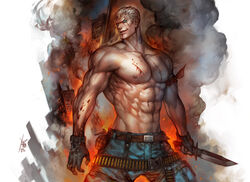  1boy abs adam&#039;s_apple bara blood_on_pectorals bryan_fury cowboy_shot dagger denim explosion fire gloves head_tilt holding holding_dagger holding_knife holding_weapon jeans knife large_pectorals male_focus mature_male muscular muscular_male navel nipples pants pectorals short_hair shredded_muscles sideburns smirk smoke solo tekken topless_male weapon white_hair yi_lee 