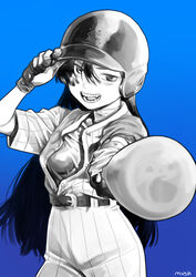  absurdres adjusting_clothes adjusting_headwear ado_(utaite) artist_name baseball_bat baseball_helmet baseball_uniform blue_background breasts cloud_nine_inc commentary_request cowboy_shot female foreshortening gloves greyscale_with_colored_background hair_between_eyes hand_up helmet highres holding holding_baseball_bat jumpsuit long_hair looking_at_viewer medium_breasts merry_(ado) mushroom_(osh320) open_mouth outstretched_arm pinstripe_pattern readymade_(ado) shirt short_sleeves simple_background smile solo sportswear striped taut_clothes taut_shirt undershirt uneven_eyes utaite v-shaped_eyebrows 