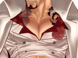  1boy bara black_hair burn_scar close-up dot_molotovka facial_hair flower_in_pocket frown head_out_of_frame large_pectorals male_focus mature_male midriff_peek muscular muscular_male mustache_stubble one_piece pectoral_cleavage pectoral_focus pectorals sakazuki_(akainu) scar short_hair stubble thick_eyebrows 