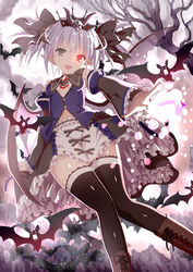  :d absurdres animal bare_shoulders bare_tree bat_(animal) black_bow black_skirt black_sleeves black_thighhighs boots bow breasts brown_footwear character_request chouhakai!!_barbarossa cross-laced_footwear detached_sleeves female frilled_skirt frilled_sleeves frills givuchoko grey_eyes grey_hair grey_wings hair_between_eyes hairbow heterochromia highres horns lace-up_boots layered_sleeves long_sleeves looking_at_viewer medium_breasts oerba_yun_fang pointy_ears puffy_short_sleeves puffy_sleeves red_eyes short_over_long_sleeves short_sleeves skirt smile solo thighhighs thighhighs_under_boots tree twintails wide_sleeves wings wrist_cuffs 