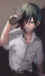  1boy 1other aimai_sheena bad_id bad_pixiv_id belt black_hair blood blood_in_hair blood_on_clothes blood_on_face blurry bullying buttons collared_shirt depth_of_field disembodied_hand footprints green_eyes hand_on_another&#039;s_head highres injury looking_at_viewer male_focus original pants reverse_ryona scowl shirt shirt_partially_tucked_in short_hair short_sleeves solo_focus tears 