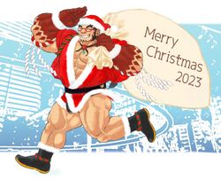  1boy 2023 ^_^ abs alternate_costume ass bad_id bad_twitter_id bara bulge_peek christmas closed_eyes facial_hair from_side full_body fur-trimmed_headwear fur_trim glasses grin hachimaki hairy hat headband highres inactive_account large_hands large_pectorals male_focus mature_male merry_christmas muscular muscular_male nejiri_hachimaki no_pants pectoral_cleavage pectorals red_headwear sack salute santa_costume santa_hat short_hair smile solo sparse_chest_hair sparse_leg_hair tajikarao_(housamo) teriyaki_(gqtne7ymkx71079) thick_eyebrows thick_thighs thighs tokyo_afterschool_summoners tusks 