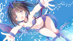  absurdres armpits ass_visible_through_thighs bass_clef beamed_eighth_notes bikini blue_background blue_bikini blue_thighhighs boots breasts brown_hair chouhakai!!_barbarossa dutch_angle eighth_note female fingernails flat_sign forehead_jewel givuchoko half_note highres long_hair looking_at_viewer musical_note outstretched_arms parted_bangs purple_eyes purple_wings revealing_clothes sharp_sign side_ponytail sixteenth_note small_breasts solo swimsuit thigh_boots thigh_gap thighhighs treble_clef wings 