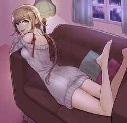  alternate_costume aran_sweater bare_legs bare_shoulders barefoot braid brown_hair cable_knit commentary_request commission couch curtains feet feet_up female foot_out_of_frame grey_eyes grey_sweater hairband indoors kurumi_wendy legs long_hair looking_at_viewer lying master_detective_archives:_rain_code mixed-language_commentary off_shoulder on_couch pillow pink_nails ryo_(tmsm7885) smile solo sweater toenails toes twin_braids window 