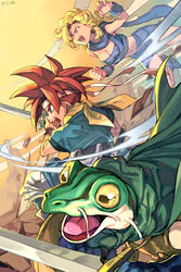  2boys ayla_(chrono_trigger) blonde_hair blue_eyes blue_gloves breasts cape cavewoman chrono_trigger cleavage colored_sclera crono_(chrono_trigger) crop_top curly_hair female fingernails frog_(chrono_trigger) frog_boy gloves green_cape grey_eyes grey_skirt headband holding holding_shield holding_sword holding_weapon hungry_clicker katana long_hair medium_breasts midriff miniskirt multiple_boys navel open_mouth pants profile red_hair scarf shield short_hair skirt spiked_hair stomach sword teeth tongue weapon white_headband white_pants yellow_scarf yellow_sclera 