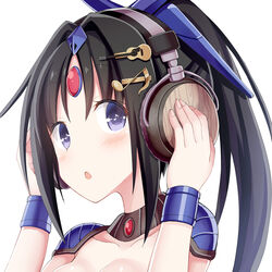  armor black_hair breasts character_request chouhakai!!_barbarossa collarbone eighth_note female forehead_jewel givuchoko hair_intakes hair_ornament hairclip hands_on_headphones hands_up headphones long_hair looking_at_viewer medium_breasts musical_note musical_note-shaped_pupils musical_note_hair_ornament parted_bangs pauldrons ponytail purple_eyes shoulder_armor simple_background solo symbol-shaped_pupils upper_body white_background 