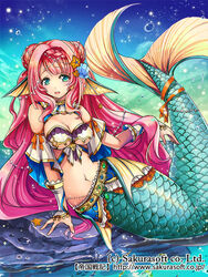  aqua_eyes breasts cleavage copyright_notice female fins head_fins long_hair mermaid monster_girl navel official_art outdoors pink_hair rock shell_hair_ornament shida_(xwheel) solo teikoku_senki very_long_hair 