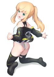  absurdres alice_gear_aegis ass black_jacket black_thighhighs blonde_hair breasts clothing_cutout companion/af female from_behind green_eyes highleg highleg_leotard highres hutokumi jacket jacket_partially_removed leotard looking_at_viewer multicolored_clothes multicolored_leotard noelle_francesca ponytail sidelocks simple_background sleeveless_turtleneck_leotard small_breasts solo thighhighs thighs turtleneck turtleneck_leotard white_background white_leotard white_thighhighs 