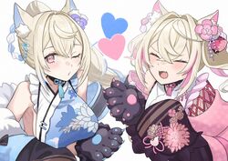  2girls absurdres animal_ear_fluff animal_ears animal_hands blonde_hair blue_hair blue_heart breasts closed_eyes closed_mouth dog_paws fuwawa_abyssgard fuwawa_abyssgard_(new_year) highres hololive hololive_english japanese_clothes kimono large_breasts long_hair mizuhasi mococo_abyssgard mococo_abyssgard_(new_year) multicolored_hair multiple_girls oerba_yun_fang official_alternate_costume one_eye_closed open_mouth pink_eyes pink_hair ponytail short_hair siblings sideless_kimono sisters sleeveless sleeveless_kimono smile streaked_hair twins twintails virtual_youtuber 