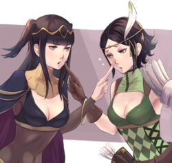  2girls armor arrow_(projectile) black_hair black_nails bodystocking bracelet breasts cape cheek_poking circlet feather_hair_ornament feathers fire_emblem fire_emblem_awakening flying_sweatdrops hair_ornament jewelry looking_at_another mother_and_daughter multiple_girls noire_(fire_emblem) poking quiver riou_(pooh920) short_hair shoulder_armor tharja_(fire_emblem) tiara 