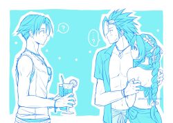  ... 2boys ? aerith_gainsborough aged_down angeal_hewley bare_shoulders bikini braid braided_ponytail commentary_request cross_scar drink drinking_straw female final_fantasy final_fantasy_vii final_fantasy_vii_ever_crisis from_side hand_on_another&#039;s_shoulder highres holding holding_drink jewelry long_hair looking_at_another multiple_boys nalu necklace open_clothes open_shirt parted_bangs pectorals profile ring sarong scar scar_on_cheek scar_on_face short_hair spiked_hair spoken_ellipsis spoken_question_mark sweatdrop swimsuit twitter_username upper_body zack_fair 
