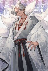 1boy animal_ear_fluff animal_ears bo_1125359 dark-skinned_male dark_skin earrings flower fox_ears fox_tail highres japanese_clothes jewelry kimono kitsune kurokawa_izana long_sleeves looking_at_viewer male_focus multiple_tails parted_lips print_kimono purple_eyes short_hair tail thick_eyelashes tokyo_revengers watermark white_hair white_kimono white_tail wide_sleeves wisteria 