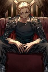  1boy black_eyes black_jacket black_pants blonde_hair bo_1125359 dragon_tattoo empty_eyes highres jacket jacket_on_shoulders jewelry long_sleeves looking_at_viewer male_focus neck_tattoo necklace official_alternate_costume pants ring sano_manjirou short_hair tattoo tokyo_revengers 