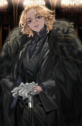  1boy black_eyes black_jacket black_necktie black_pants blonde_hair bo_1125359 cane empty_eyes fur_trim gloves half_gloves highres holding holding_cane jacket long_sleeves looking_at_viewer male_focus medium_hair necktie pants sano_manjirou tokyo_revengers watermark white_gloves 
