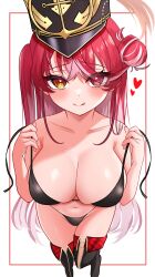  :p absurdres armpit_crease asymmetrical_hair bare_shoulders bikini black_bikini black_boots black_hat blush boots breasts cleavage collarbone commentary_request dot_nose eyelashes feet_out_of_frame female fold-over_boots foreshortening from_above groin hair_bun hat heart heart_in_eye heterochromia highleg highleg_bikini highres hololive houshou_marine houshou_marine_(marching_band) large_breasts long_hair looking_at_viewer looking_up micro_bikini multicolored_hair navel official_alternate_costume official_alternate_hairstyle one_side_up plume red_eyes red_hair shako_cap side_up_bun simple_background solo strap_pull streaked_hair string_bikini swimsuit symbol_in_eye thigh_boots thighs tongue tongue_out two-tone_hair untied_bikini very_long_hair virtual_youtuber white_background white_hair yellow_eyes zakitaku8311 