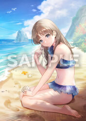  atelier_(series) atelier_resleriana atelier_resleriana:_the_red_alchemist_&amp;_the_white_guardian atelier_totori beach bird blue_sky brown_hair cloud female long_hair midriff navel ocean official_art sample_watermark seagull seashell shell sky smile starfish swimsuit totooria_helmold watermark 
