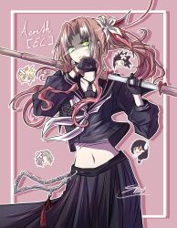  2girls 3boys aerith_gainsborough aerith_gainsborough_(midgard_seventh_high_school) bandaged_chest bandaid bandaid_on_face black_choker black_gloves black_hair black_mask black_sailor_collar black_shirt black_skirt blonde_hair blood blood_on_face blue_eyes bracelet breasts brown_hair character_name chibi chibi_inset choker cloud_strife cloud_strife_(midgard_seventh_high_school) cowboy_shot crop_top crossed_bandaids delinquent final_fantasy final_fantasy_vii final_fantasy_vii_ever_crisis flower furrowed_brow gloves green_eyes grey_hair grey_neckerchief hair_between_eyes hair_flower hair_ornament hair_ribbon hair_scrunchie hair_slicked_back highres injury jewelry long_hair long_skirt long_sleeves low-tied_long_hair mask mask_pull medium_breasts midriff mouth_mask multiple_boys multiple_girls navel neckerchief over_shoulder parted_bangs parted_lips pink_background red_ribbon ribbon sailor_collar school_uniform scrunchie sephiroth sephiroth_(ever_crisis) sephiroth_(shinra_private_academy) shiipuri shirt short_hair side_ponytail sidelocks skirt smile spiked_hair sukeban sweatdrop tifa_lockhart tifa_lockhart_(midgard_seventh_high_school) weapon weapon_over_shoulder white_flower wiping_mouth zack_fair zack_fair_(midgard_seventh_high_school) 