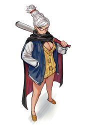  asymmetrical_bangs ayase_seiko baseball_bat beehive_hairdo black_cape blue_jacket blue_trim breasts brown_eyes buttons cape cardigan cigarette cleavage closed_mouth commentary dandadan dark-skinned_female dark_skin earrings female from_above frown full_body furrowed_brow glaring glasses hair_behind_ear hair_tie half-closed_eyes hand_in_pocket hand_up highres hoop_earrings invisible_floor jacket jewelry large_breasts legs_apart letterman_jacket long_eyelashes long_hair long_legs long_shirt long_sleeves looking_at_viewer looking_to_the_side looking_up matheus_felipe metal_baseball_bat multicolored_jacket narrowed_eyes no_bra no_pants open_clothes open_jacket over_shoulder parted_bangs puffy_long_sleeves puffy_sleeves rectangular_eyewear red-framed_eyewear red_cape semi-rimless_eyewear serious simple_background single_vertical_stripe slippers smoking solo standing thick_eyelashes thighs tsurime two-sided_cape two-sided_fabric two-tone_cape two-tone_jacket unbuttoned v-neck v-shaped_eyebrows weapon weapon_over_shoulder white_background white_hair white_jacket white_trim yellow_cardigan yellow_slippers 