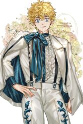 1boy aqua_bow blonde_hair blue_eyes bo_1125359 bow collared_shirt hanagaki_takemichi hand_on_own_hip highres jacket jacket_on_shoulders long_sleeves looking_at_viewer male_focus official_alternate_costume pants shirt short_hair smile tokyo_revengers watermark white_jacket white_pants white_shirt 