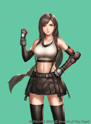  anbe_yoshirou bare_shoulders black_gloves black_hair black_skirt black_sports_bra black_thighhighs breasts clenched_hands closed_mouth commentary_request copyright_notice crop_top earrings elbow_gloves feet_out_of_frame female final_fantasy final_fantasy_vii final_fantasy_vii_rebirth final_fantasy_vii_remake gloves green_background hand_on_own_hip hand_up jewelry large_breasts lips long_hair looking_at_viewer low-tied_long_hair magic:_the_gathering midriff miniskirt navel official_art pink_lips red_eyes single_arm_guard single_earring skirt solo sports_bra square_enix straight-on suspender_skirt suspenders swept_bangs tank_top thighhighs tifa_lockhart white_tank_top zettai_ryouiki 