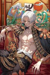  1boy abs belt black_belt black_eyes black_jacket black_pants blank_eyes bo_1125359 bracelet empty_eyes highres jacket jacket_on_shoulders jewelry long_sleeves looking_at_viewer male_focus official_alternate_costume pants ring sano_manjirou short_hair tokyo_revengers white_hair 