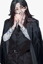  1boy black_eyes black_jacket black_pants bo_1125359 coat coat_on_shoulders empty_eyes highres jacket jacket_on_shoulders long_hair long_sleeves male_focus mouth_hold official_alternate_hairstyle pants sano_manjirou shirt simple_background smoking tokyo_revengers white_shirt 