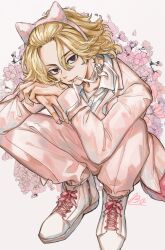  1boy animal_ears black_eyes blonde_hair bo_1125359 cat_boy cat_ears cat_tail cherry_blossoms empty_eyes highres jacket long_sleeves looking_at_viewer male_focus medium_hair official_alternate_costume pants pink_jacket pink_pants sano_manjirou shirt smile tail tokyo_revengers white_shirt 
