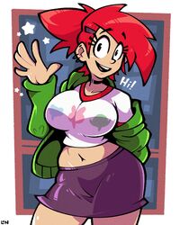  1girls big_breasts black_eyes cartoon_network crop_top female female_focus female_only foster&#039;s_home_for_imaginary_friends frankie_foster hoodie huge_breasts legendofnerd looking_at_viewer no_bra red_hair skirt smiling solo thick_thighs thighs voluptuous wide_hips 