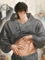  1boy abs artist_name bara belly blush clothes_lift commentary english_commentary enigma_(reverse:1999) grey_hoodie grey_pants highres hood hood_down hoodie hoodie_lift looking_down male_focus muscular muscular_male navel pants plump reverse:1999 sweat uyouu19 