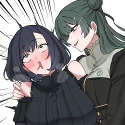  2girls akiha_school_uniform bang_dream! bang_dream!_yumemita bare_shoulders blush breasts commentary_request detached_sleeves dress fuji_miyako fuji_miyako_(real) green_hair hair_bun hair_ornament hairclip highres large_breasts long_hair long_sleeves mole mole_under_mouth multiple_girls nagomu_7_56 one_side_up open_mouth purple_eyes purple_hair school_uniform simple_background single_side_bun surprised textless_version upper_body viola_(bang_dream!) whispering white_background yuri 