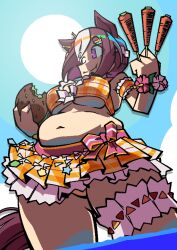  animal_ears arm_garter bead_necklace beads belly bikini bikini_skirt bloated blush breasts brown_hair burger carrot_on_stick cleavage commentary ear_flower eating english_commentary fat_rolls female flower food frilled_bikini frills full_stomach hair_flower hair_ornament hibiscus highres holding holding_burger holding_food horse_ears horse_girl horse_tail jewelry muffin_top multicolored_hair navel necklace official_alternate_costume orange_bikini plaid_bikini plaid_clothes plaid_sleeves plump purple_eyes short_hair sirhoopsalot special_week_(hopp'n_happy_heart)_(umamusume) special_week_(umamusume) swimsuit tail umamusume white_hair wrist_flower 