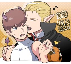  2020 2boys absurdres amuro_ray bag black_cape blonde_hair brown_hair cape char's_counterattack char_aznable collarbone collared_shirt commentary_request covered_collarbone demon_horns demon_tail fangs gundam halloween hand_on_another's_shoulder highres holding holding_bag horns jack-o'-lantern looking_at_another lower_teeth_only male_focus mouth_against_another's_cheek multiple_boys nervous_sweating oh_syz open_mouth polka_dot polka_dot_background shirt sleeveless sleeveless_shirt surprised sweat tail teeth tongue upper_body vampire_costume white_shirt yaoi 