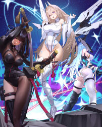  3girls absurdres ass bare_shoulders black_hair black_leotard blonde_hair blue_hair breasts chaos_zero_nightmare character_request commentary_request highres holding holding_sword holding_weapon katana large_breasts leotard long_hair mechanical_wings multiple_girls purple_eyes red_eyes rin_(chaos_zero_nightmare) sereniel_(chaos_zero_nightmare) sideboob single_leg_pantyhose sukehachi sword weapon white_leotard wings 