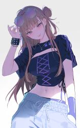  absurdres armlet black_shirt blonde_hair blush bracelet breasts brown_hair cleavage_cutout closed_mouth clothing_cutout criss-cross_strings crop_top cropped_jacket earrings eyewear_on_head female fingernails glasses grey_eyes grey_pants hair_bun highres jewelry large_breasts long_hair looking_at_viewer midriff midriff_peek myabit nail_polish navel necklace original panties pants panty_peek purple_nails purple_panties round_eyewear shirt short_sleeves simple_background single_hair_bun smile solo studded_bracelet sweatpants tongue tongue_out underwear white_background 
