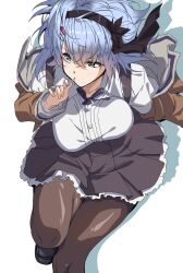  assault_lily black_hairband black_ribbon black_shoes black_skirt blue_hair bow_hairband breasts brown_jacket brown_pantyhose buttons candy closed_mouth collared_shirt commentary drop_shadow female floating_hair food foot_out_of_frame green_eyes hair_between_eyes hair_ornament hairband hairclip hand_up higashikuze_tokuko high-waist_skirt holding holding_candy holding_food holding_lollipop jacket large_breasts leaning_forward leg_up light_blush lollipop lollipop_in_mouth long_hair looking_ahead mototenn neck_ribbon off_shoulder open_clothes open_jacket pantyhose ribbon school_uniform shirt shoes simple_background skirt solo standing standing_on_one_leg suspender_skirt suspenders unaligned_breasts white_background white_shirt 