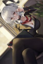  absurdres alternate_breast_size_(larger) alternate_costume bespectacled black_choker black_horns black_pantyhose breasts choker cleavage commentary crossed_legs curled_horns english_commentary female glasses grey_hair hand_up highres holding horns indoors large_breasts long_hair looking_at_viewer necktie pantyhose parted_lips rectangular_eyewear red_eyes red_necktie riyu_(nfxd3424) solo twisted_torso wuthering_waves zani_(wuthering_waves) 