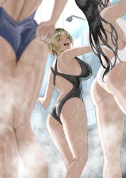  3girls ;d absurdres ass black_hair black_one-piece_swimsuit blonde_hair blue_one-piece_swimsuit breasts commentary hair_between_eyes highres large_breasts long_hair multiple_girls nagasaki_ken_(stellar_wind) one-piece_swimsuit one_eye_closed open_mouth original short_hair showering smile standing steam swimsuit teeth upper_teeth_only wet wet_clothes wet_hair wet_swimsuit white_one-piece_swimsuit 